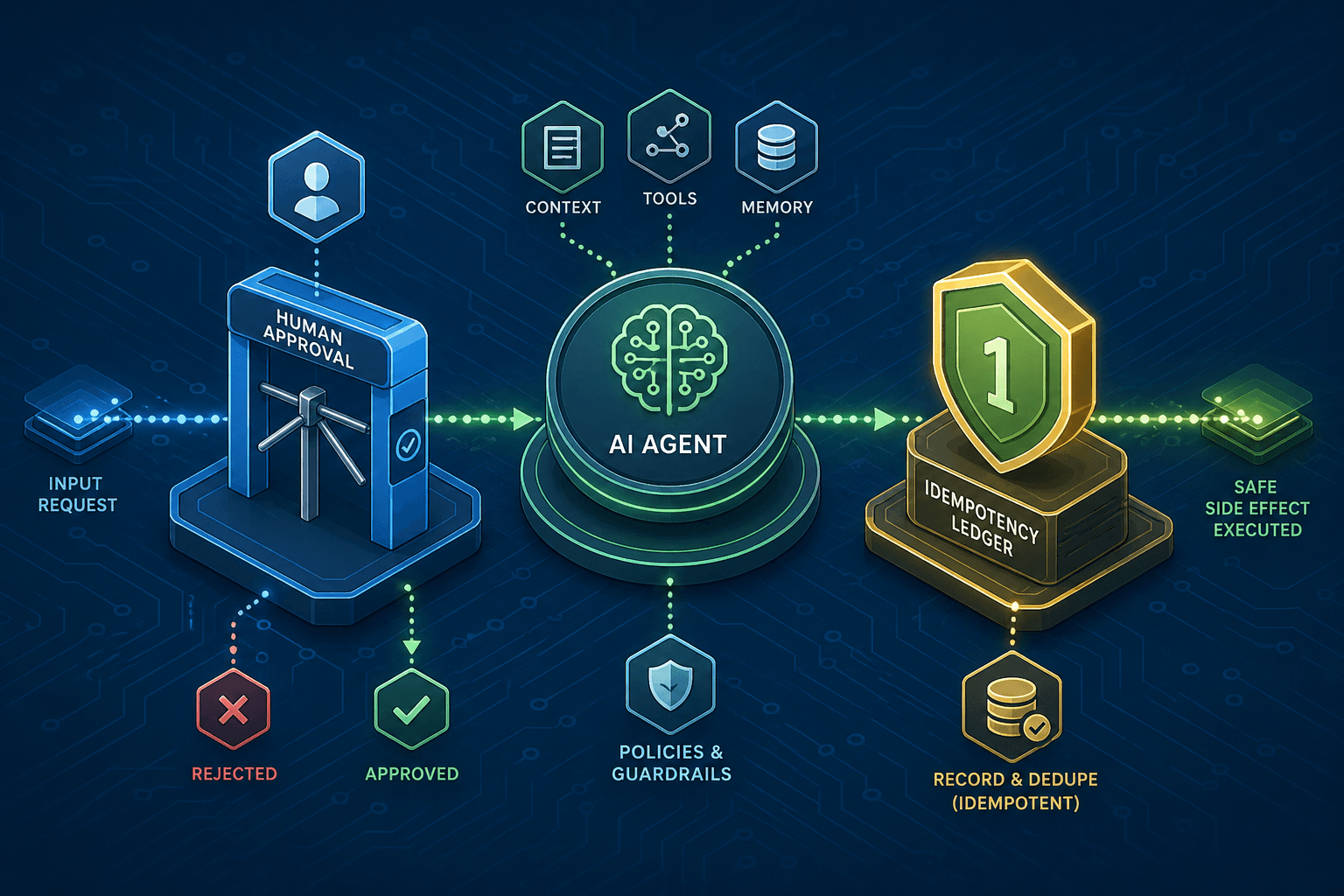Diagram illustrating human-in-the-loop approval gates and idempotent side effects in AI agent workflows.