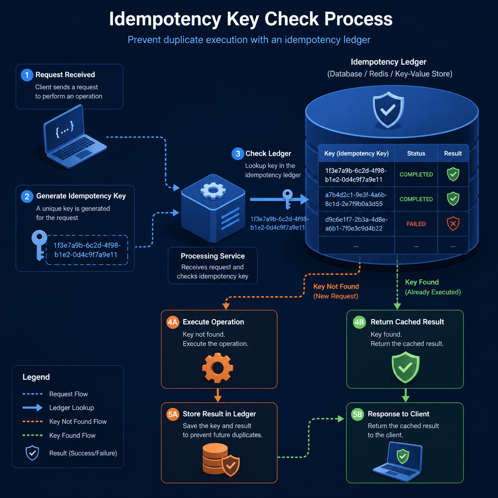 Diagram of an idempotency key check process showing a ledger lookup preventing duplicate execution.