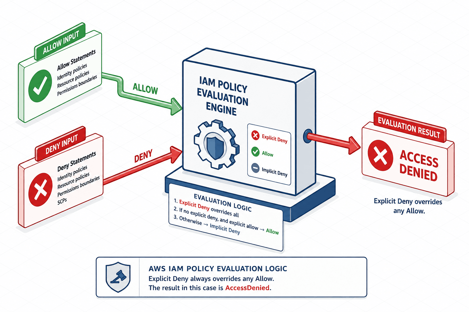 Diagram illustrating AWS IAM policy evaluation logic with explicit deny overriding allow.