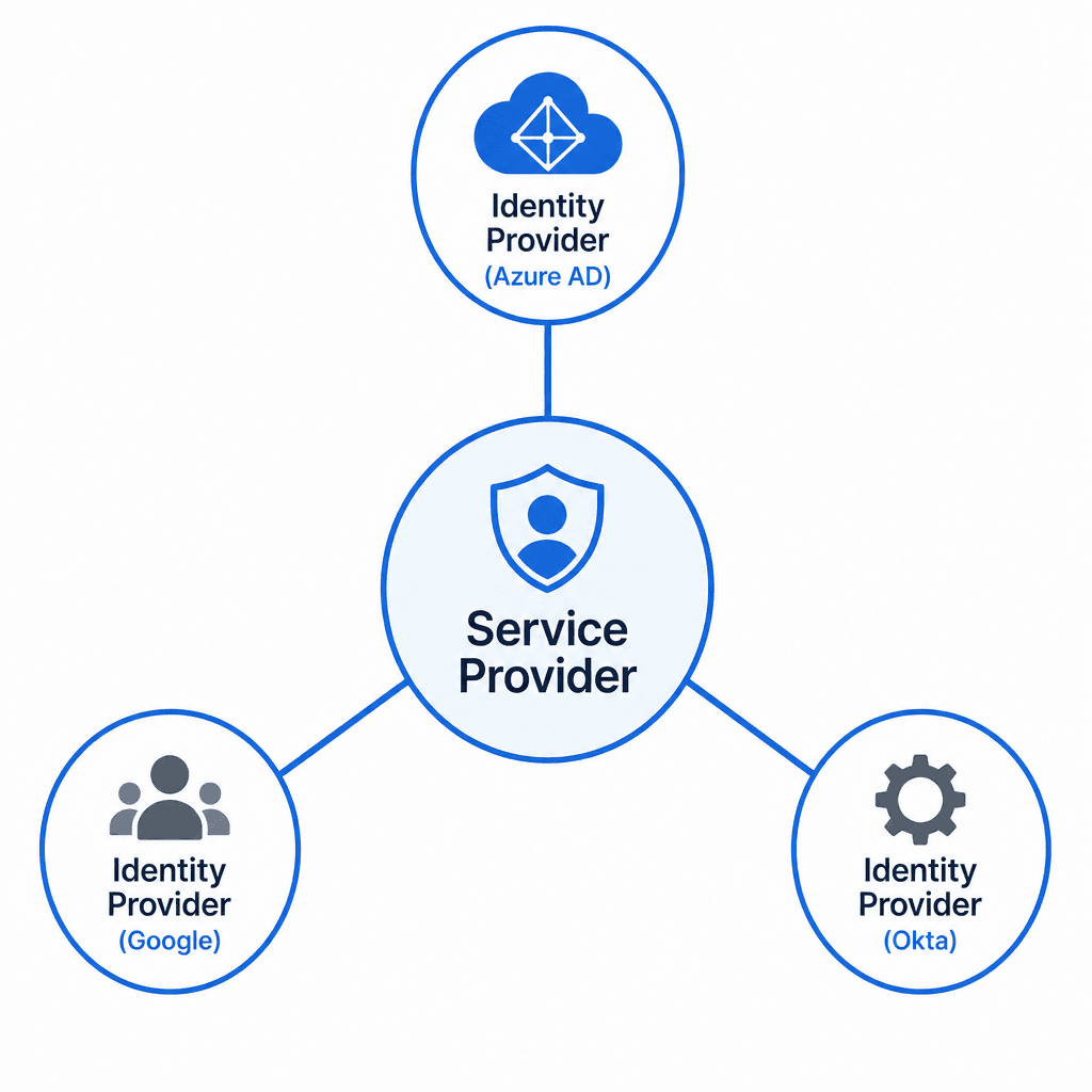 Technical diagram showing a direct Hub-and-Spoke topology. Center node is 'Service Provider'. Lines connect directly to multiple 'Identity Providers' (Azure AD, Google, Okta). Clean lines, minimalist style, blue and gray color palette.