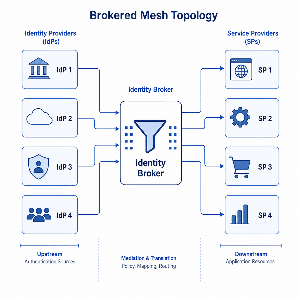 Technical diagram showing a Brokered Mesh topology. Center node is 'Identity Broker'. Lines connect from multiple 'Identity Providers' on the left and multiple 'Service Providers' on the right. Clean lines, minimalist style, blue and gray color palette.