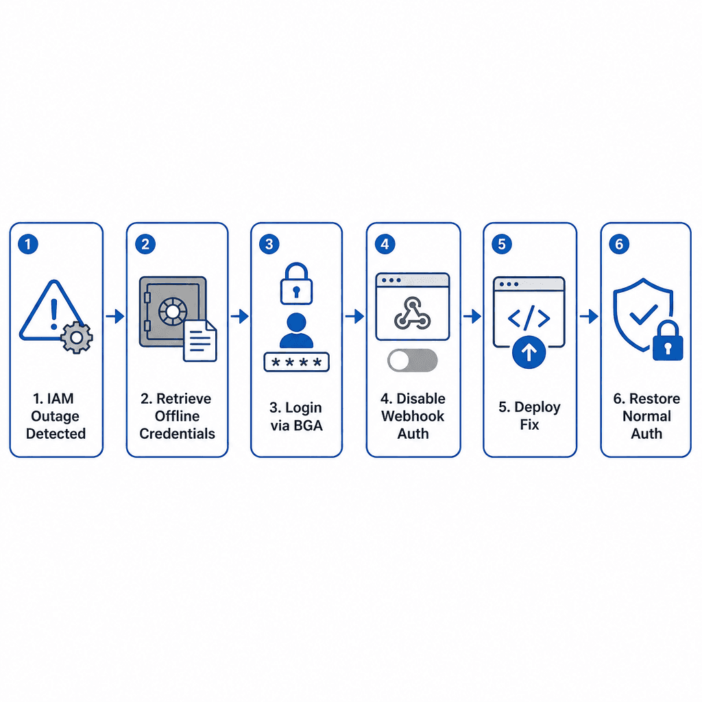 Technical diagram showing a circular dependency loop. Center : IAM/IdP service. Arrows pointing from IAM to Compute, Storage, and Monitoring services. A red "X" blocks the IAM service. Arrows from Compute/Storage/Monitoring point back to IAM, labeled "Authentication Required."…