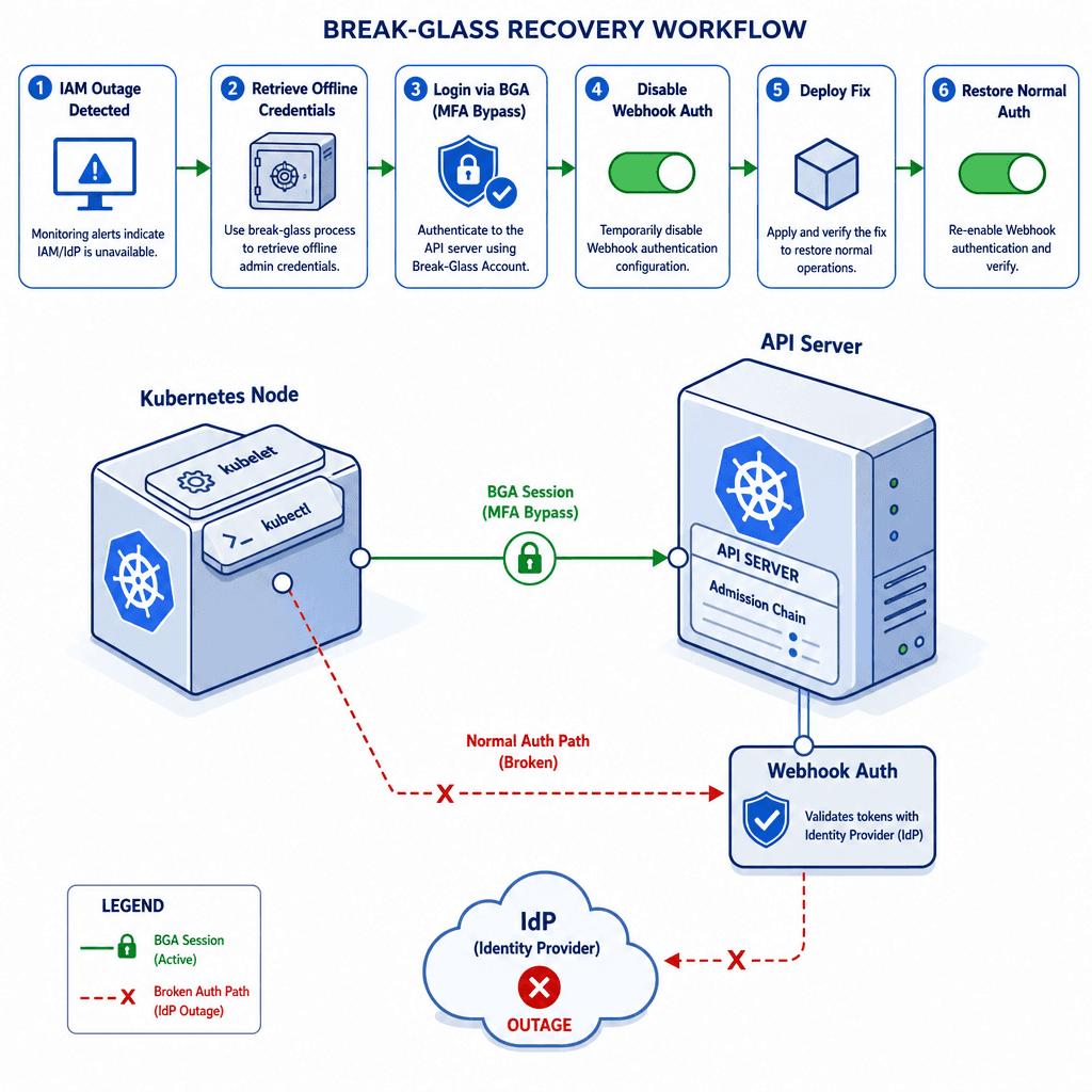 Flowchart diagram of a break-glass recovery workflow. Steps : 1. IAM Outage Detected. 2. Retrieve Offline Credentials. 3. Login via BGA (MFA Bypass). 4. Disable Webhook Auth. 5. Deploy Fix. 6. Restore Normal Auth. Visual style : technical flowchart, clean lines, blue and green…