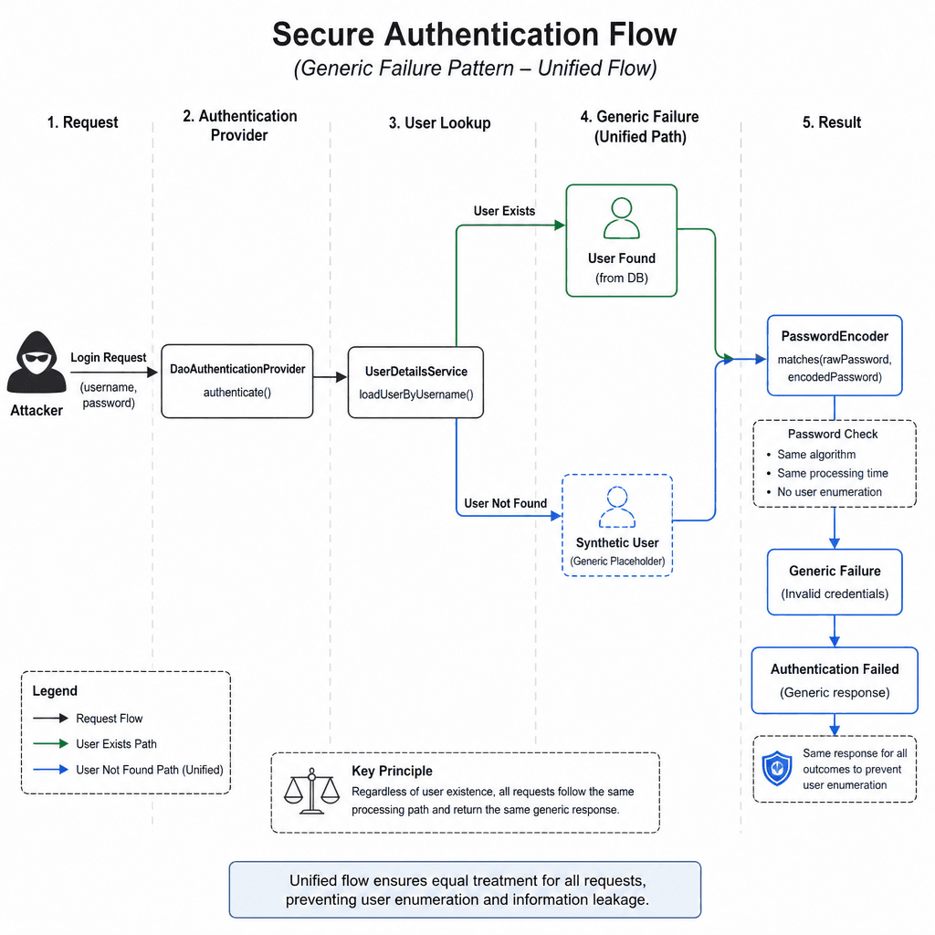 Technical diagram of the secure authentication flow. Attacker sends requests. DaoAuthenticationProvider calls UserDetailsService. Regardless of whether the user exists in the DB, the path merges into a single 'Generic Failure' block where PasswordEncoder runs. Both paths end i…