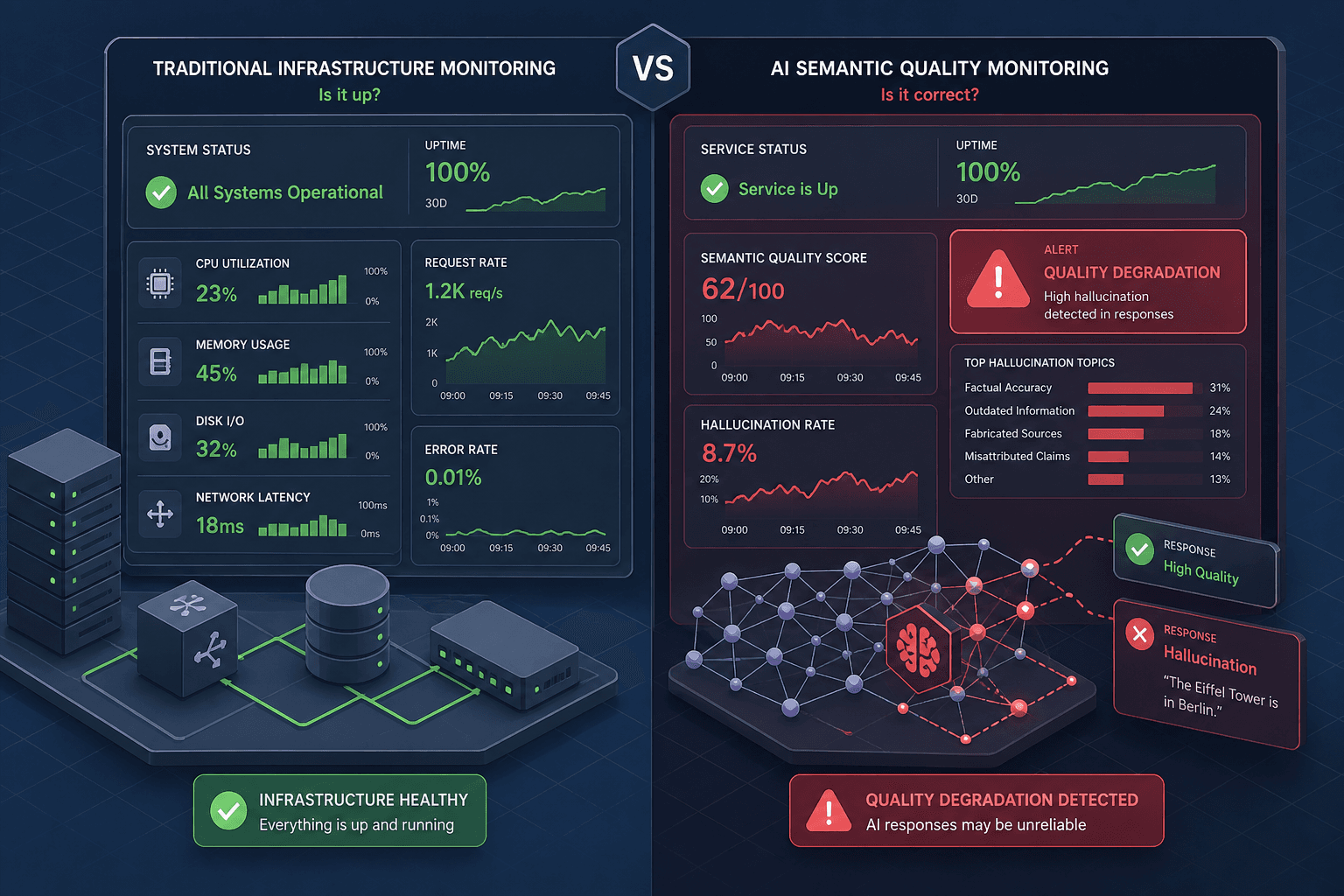 Diagram illustrating the shift from uptime monitoring to semantic correctness in AI incident response.