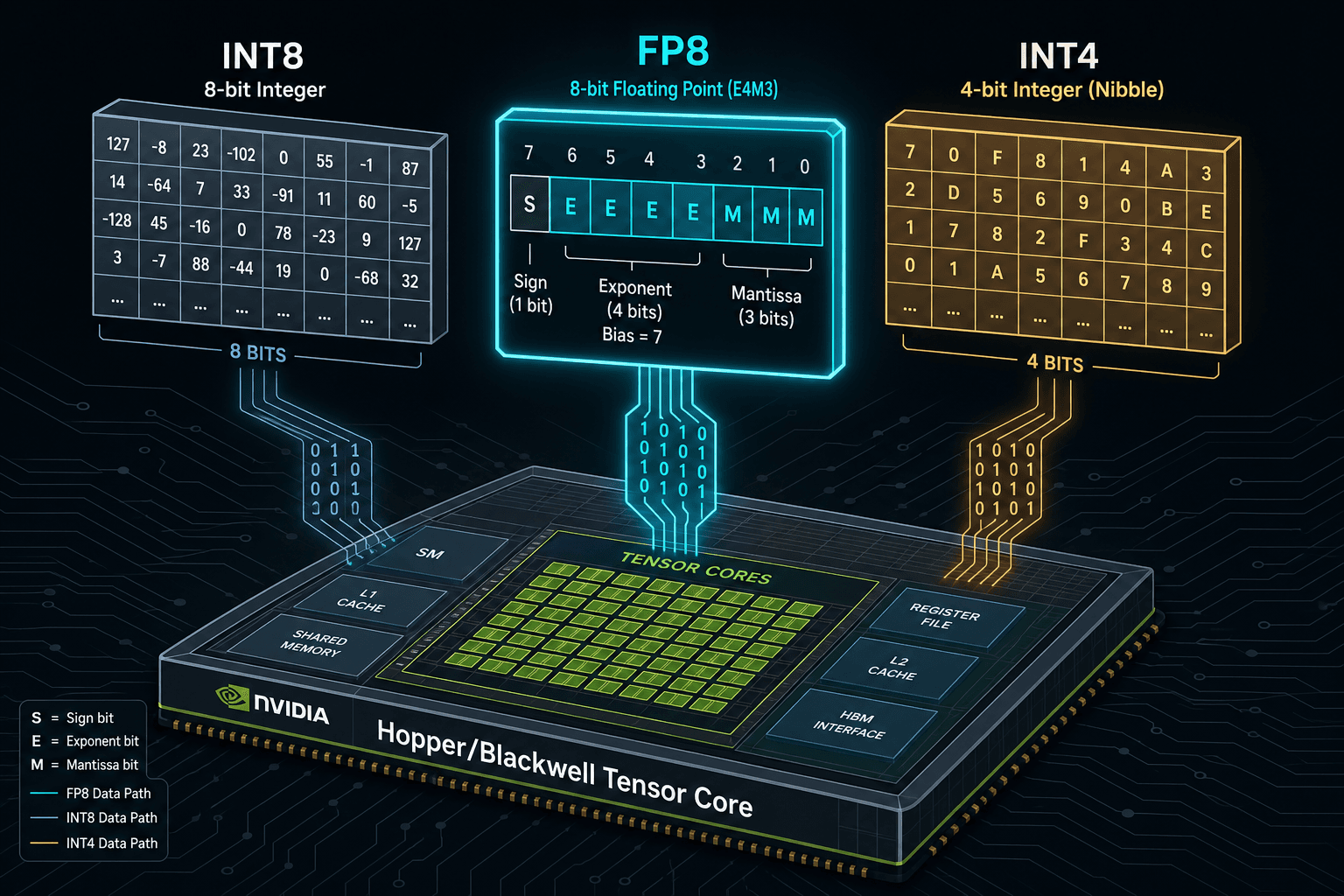 Diagram comparing INT8, FP8, and INT4 quantization formats on NVIDIA Hopper and Blackwell architectures.