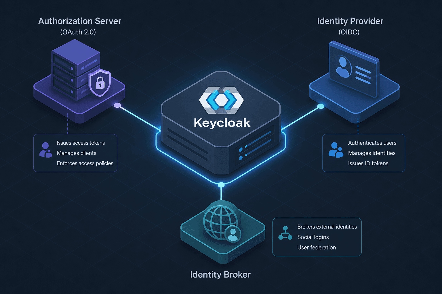 Diagram illustrating Keycloak's roles as Authorization Server, Identity Provider, and Identity Broker.