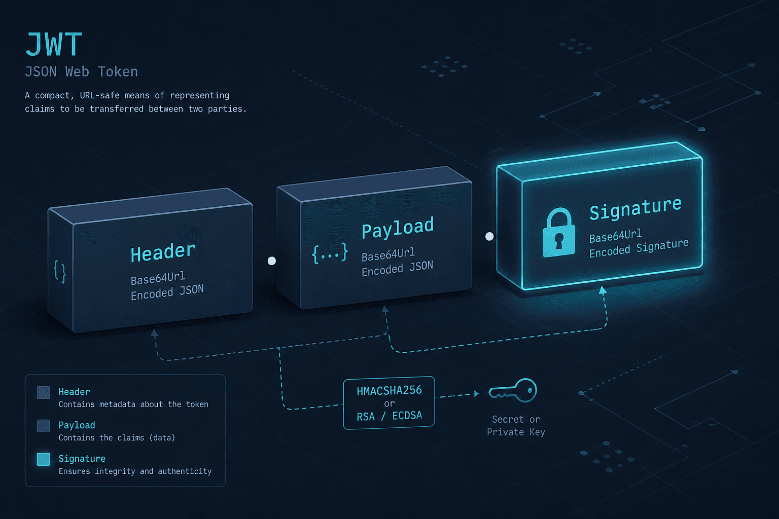 Diagram showing the three parts of a JWT: Header, Payload, and Signature.