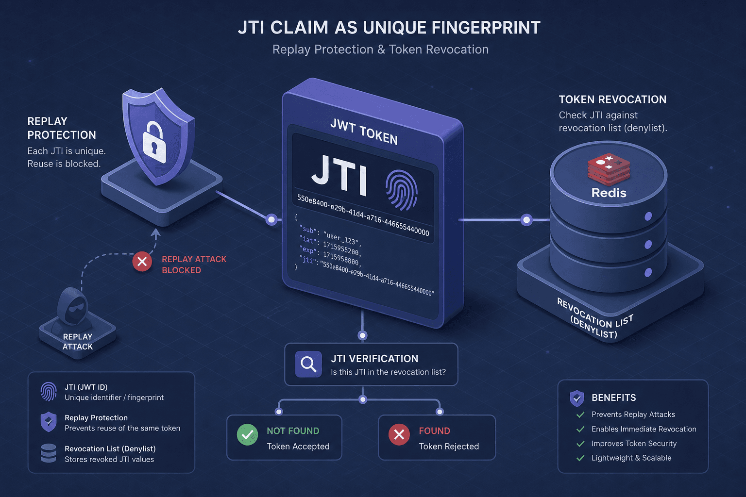 Diagram illustrating the JWT JTI claim in replay protection and token revocation.
