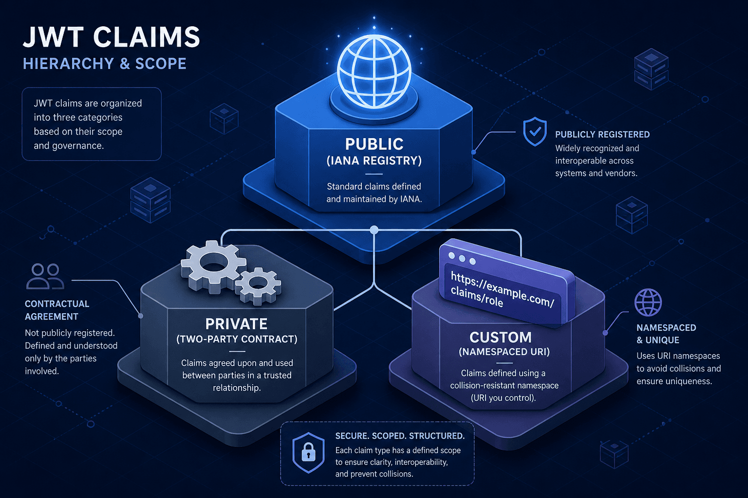 Diagram illustrating the hierarchy of JWT claims: public, private, and custom.