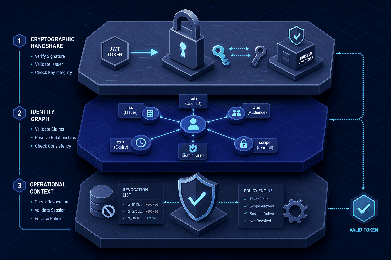 Diagram illustrating JWT validation layers: cryptographic handshake, identity graph, and operational context.