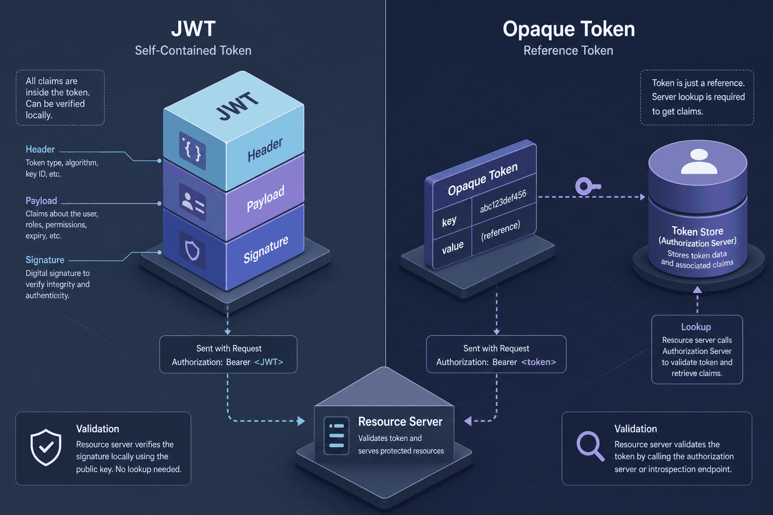 Diagram comparing JWT self-contained structure with opaque token reference architecture.