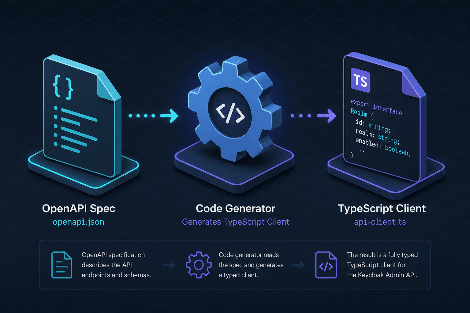 Diagram illustrating the Keycloak Admin API client generation process from OpenAPI spec to TypeScript code.