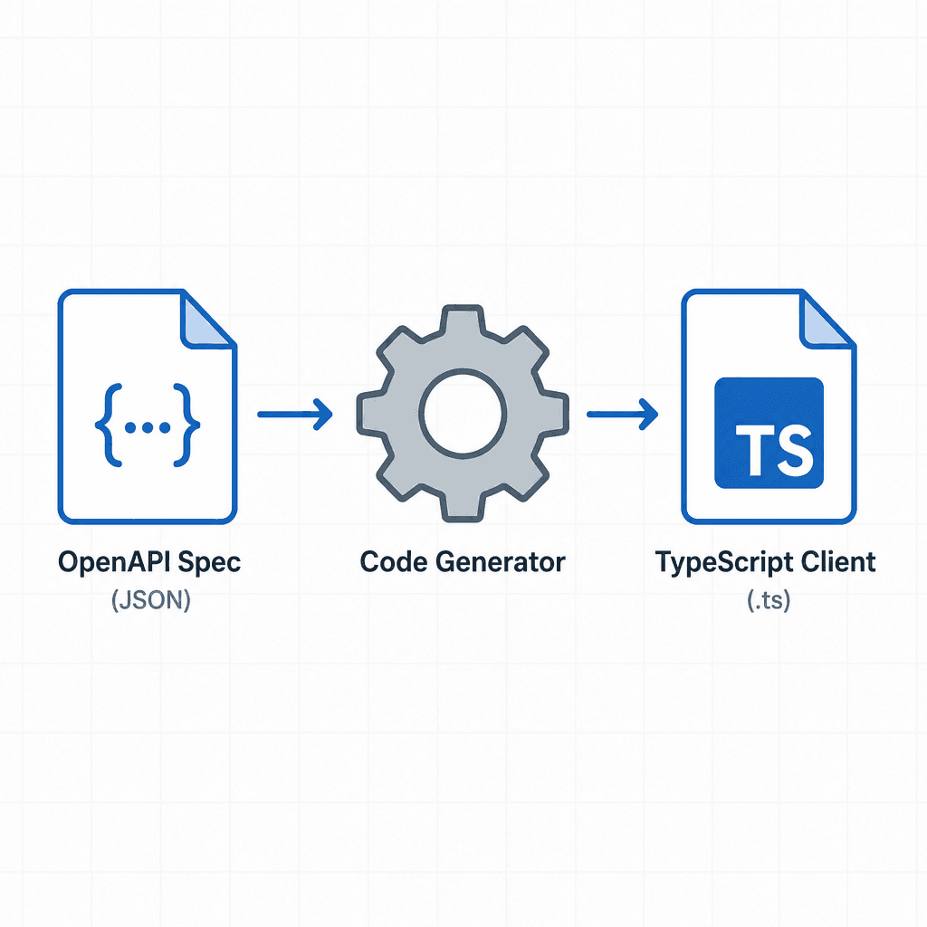 A clean, technical diagram showing a JSON file labeled 'OpenAPI Spec' being fed into a gear icon labeled 'Code Generator'. The style is minimalist vector art, blue and grey palette, white background, clear labels.