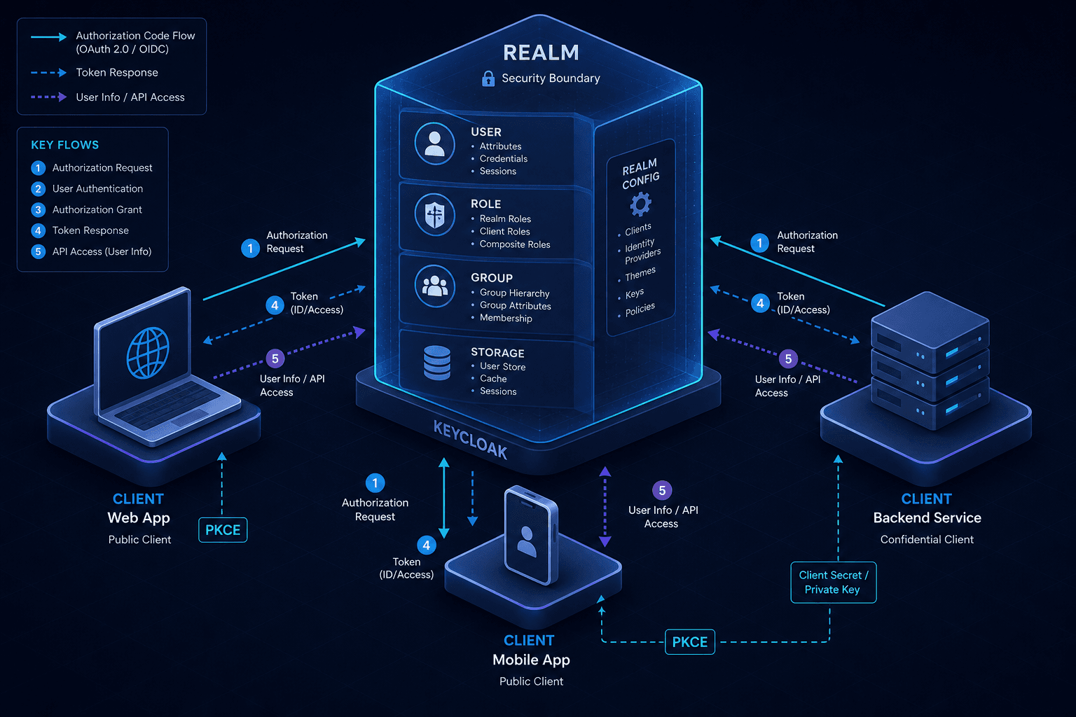 Diagram showing Keycloak architecture with realms, clients, and data model.