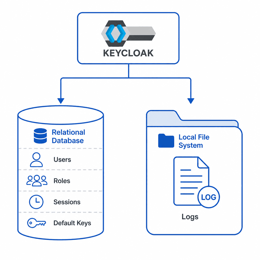 Technical diagram showing Keycloak's dual-state architecture. Left side : Relational Database storing users, roles, sessions, and default keys. Right side : Local File System storing logs. Arrows indicate data flow. Clean, minimalist style, blue and grey palette.