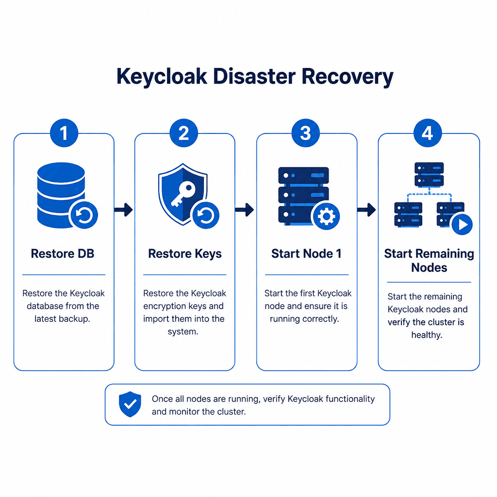 Flowchart for Keycloak disaster recovery. Step 1 : Restore DB. Step 2 : Restore Keys. Step 3 : Start Node 1. Step 4 : Start Remaining Nodes. Clear arrows, sequential layout. Professional technical illustration, blue and white color scheme.