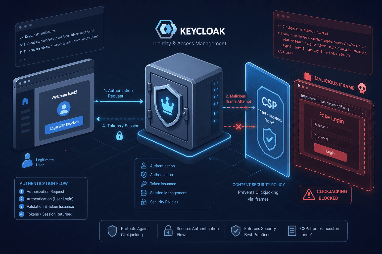 Diagram showing Keycloak security headers and CSP implementation.