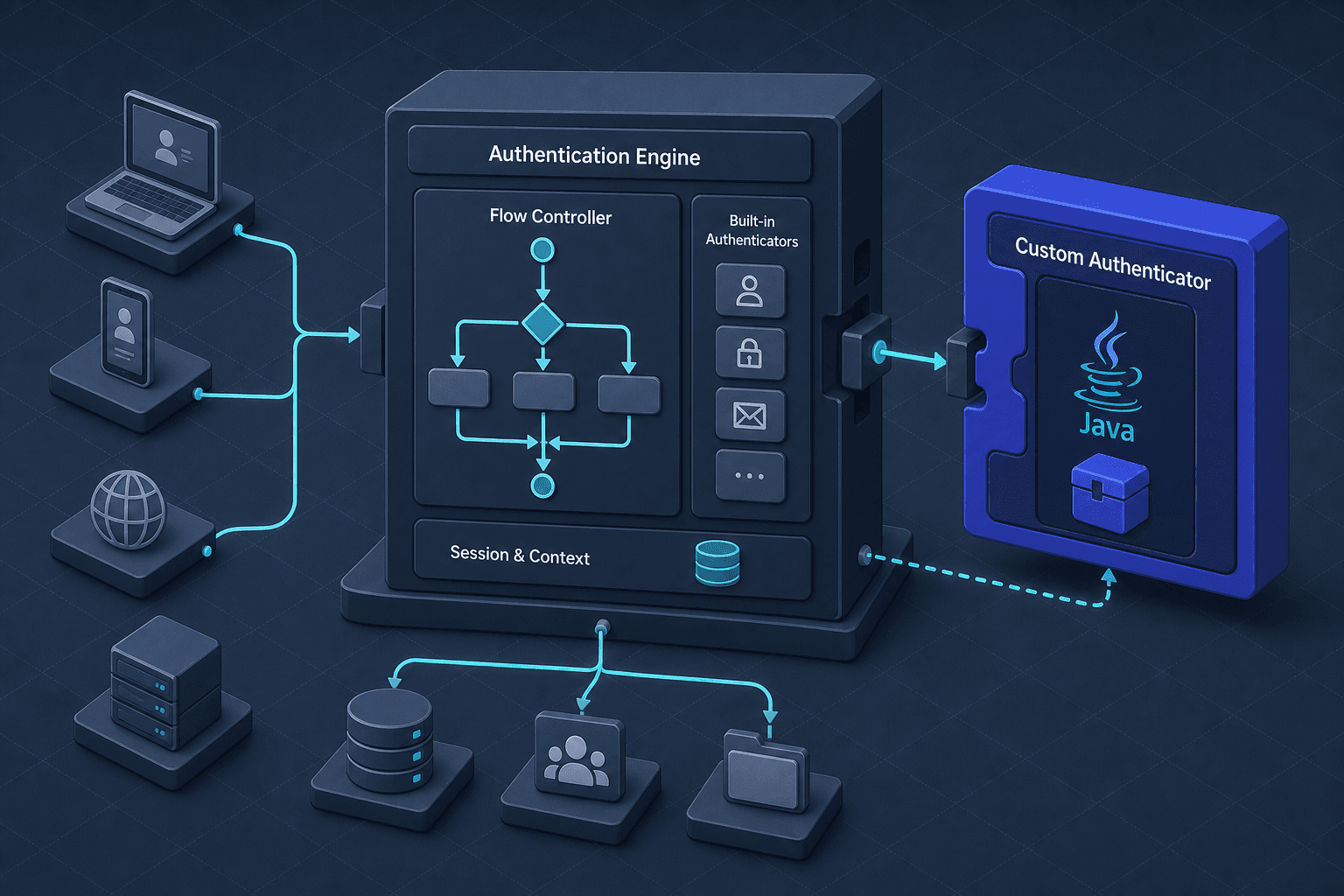 Diagram illustrating the Keycloak Authentication SPI flow with custom authenticator integration.