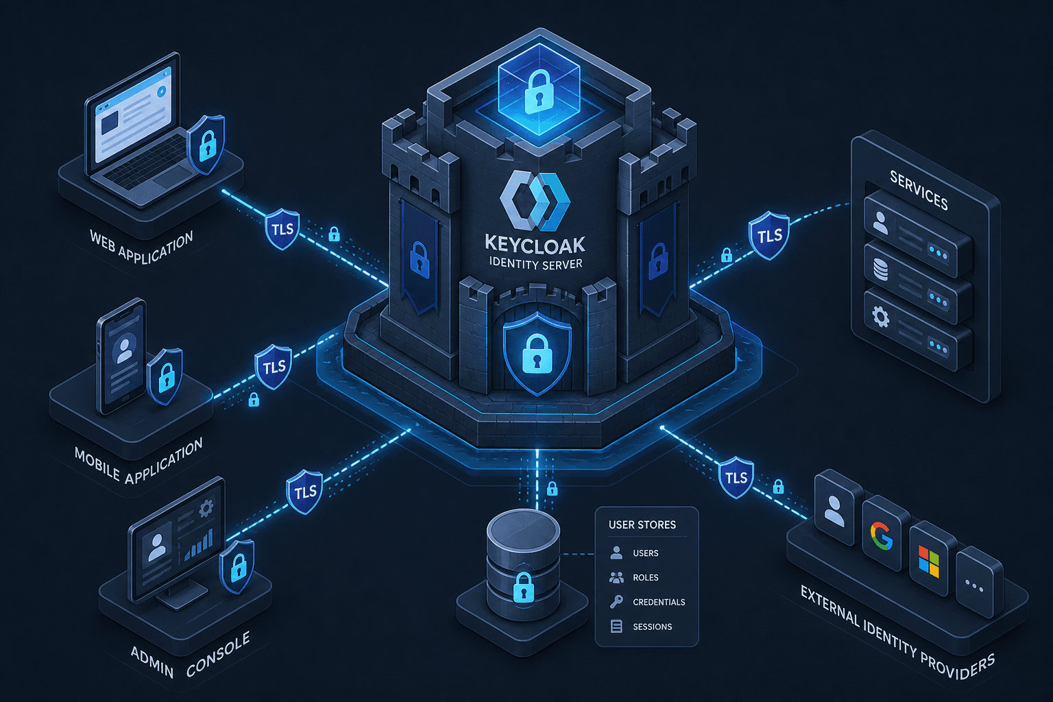Diagram of Keycloak security hardening architecture.