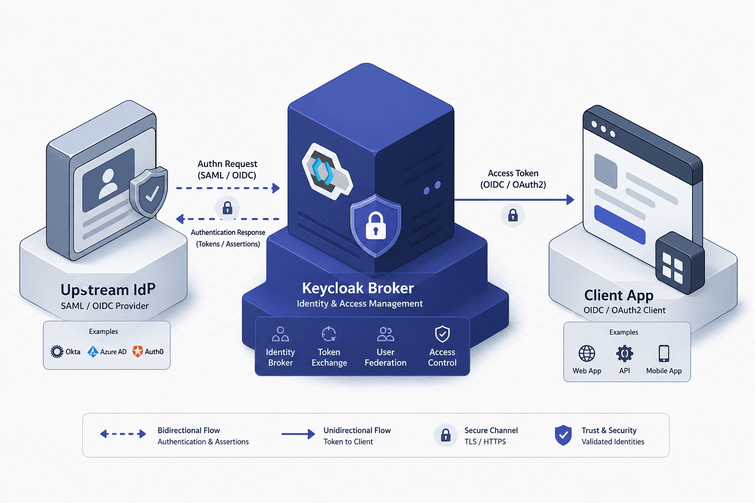 Diagram illustrating Keycloak as an identity broker between upstream providers and downstream clients.