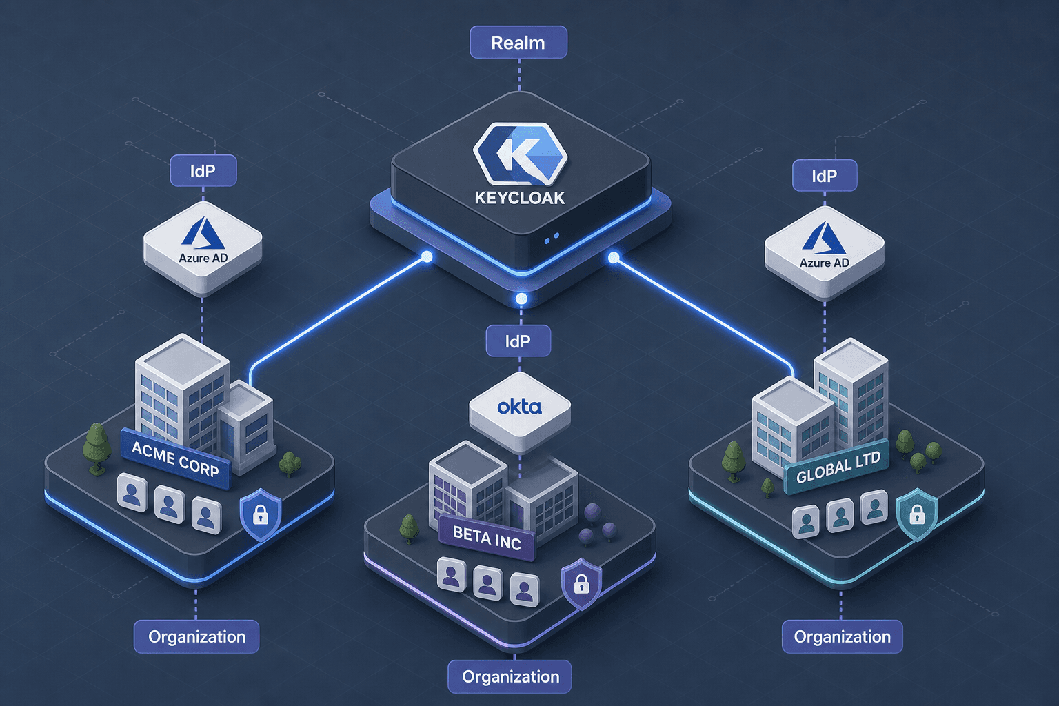 Diagram showing Keycloak Organizations architecture with a single realm managing multiple tenant identities.