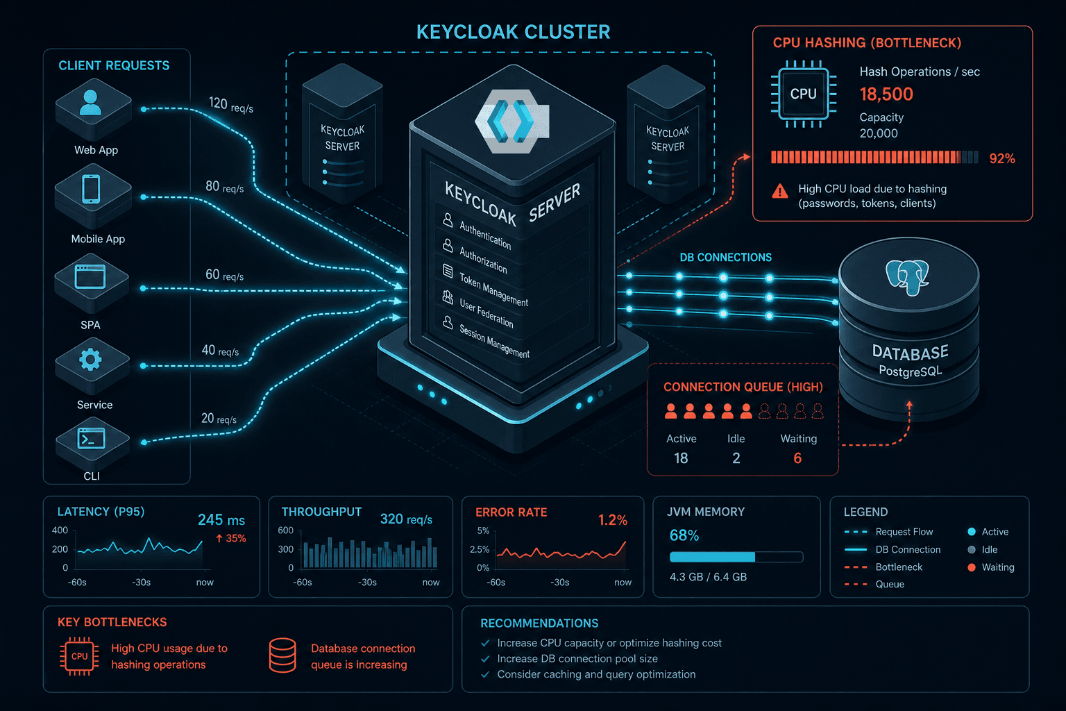 Diagram illustrating Keycloak performance bottlenecks including CPU hashing, database connections, and latency metrics.