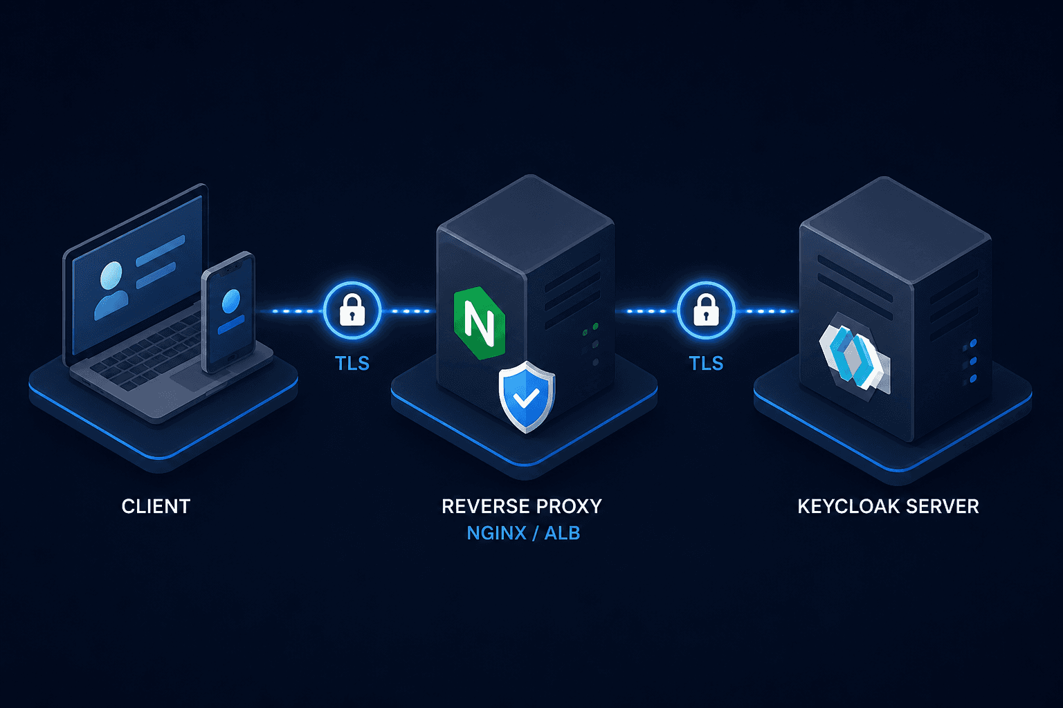 Diagram showing Keycloak production deployment with reverse proxy and TLS termination.