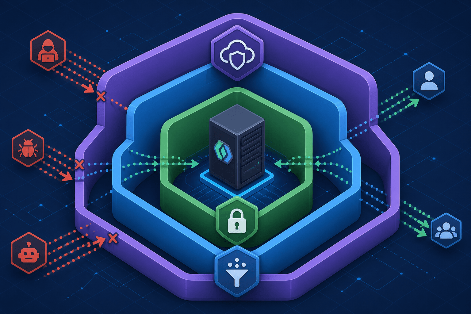 Diagram showing layered security for Keycloak including DDoS protection, rate limiting, and brute force detection.