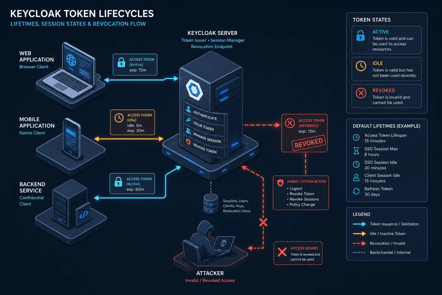 Diagram showing Keycloak token lifetimes, session states, and revocation flow.