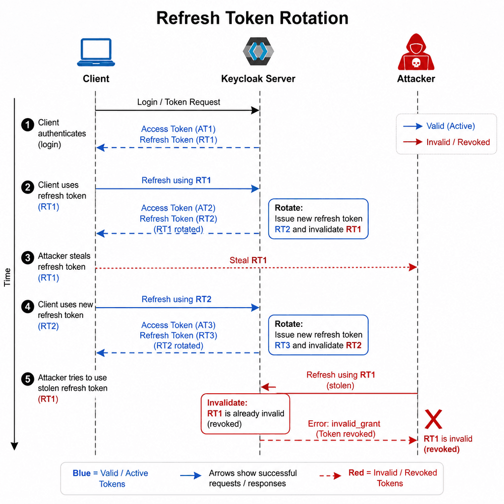 Technical diagram illustrating Refresh Token Rotation. Show a timeline with a client, Keycloak server, and an attacker. Visualize how a stolen refresh token is invalidated after first use, while the legitimate client receives a new rotated token. Use a clean, architectural sty…