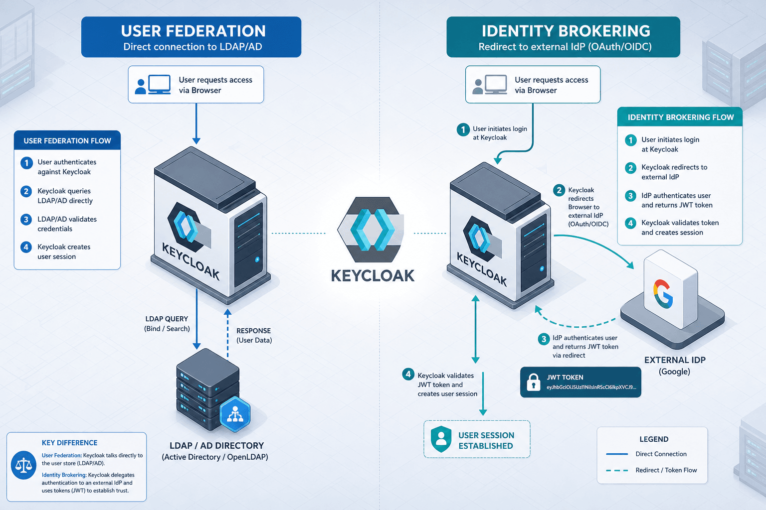 Diagram comparing Keycloak User Federation and Identity Provider flows.