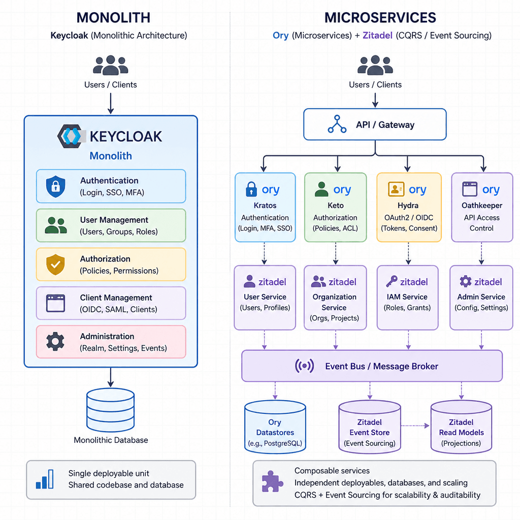 Technical architecture diagram comparing Keycloak monolith, Ory microservices, and Zitadel CQRS/EventSourcing patterns. Clean lines, blue and grey palette, minimalist style.