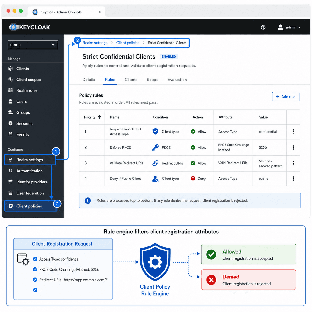 Technical diagram showing the Keycloak admin console navigation path to Client Policies, highlighting the rule engine filtering client registration attributes like type and redirect URIs. Style : clean, modern UI schematic, blue and white color palette, minimal text, high cont…