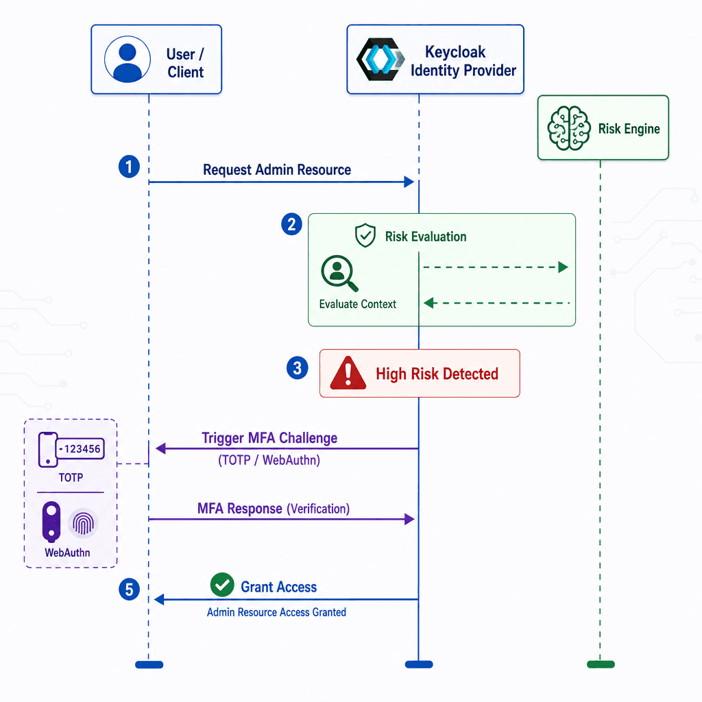 Sequence diagram illustrating adaptive authentication flow. User requests admin resource, Keycloak evaluates risk context, triggers additional MFA challenge (TOTP/WebAuthn), then grants access. Style : technical architecture sketch, clean lines, blue and green tones, clear lab…