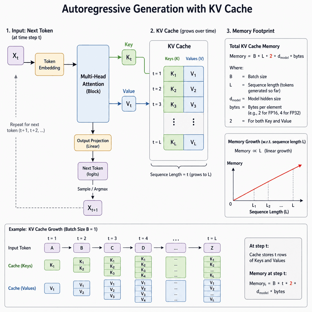Schematic flowchart showing the autoregressive generation process, highlighting the growing KV cache buffer as tokens are added, with mathematical notation for memory footprint.