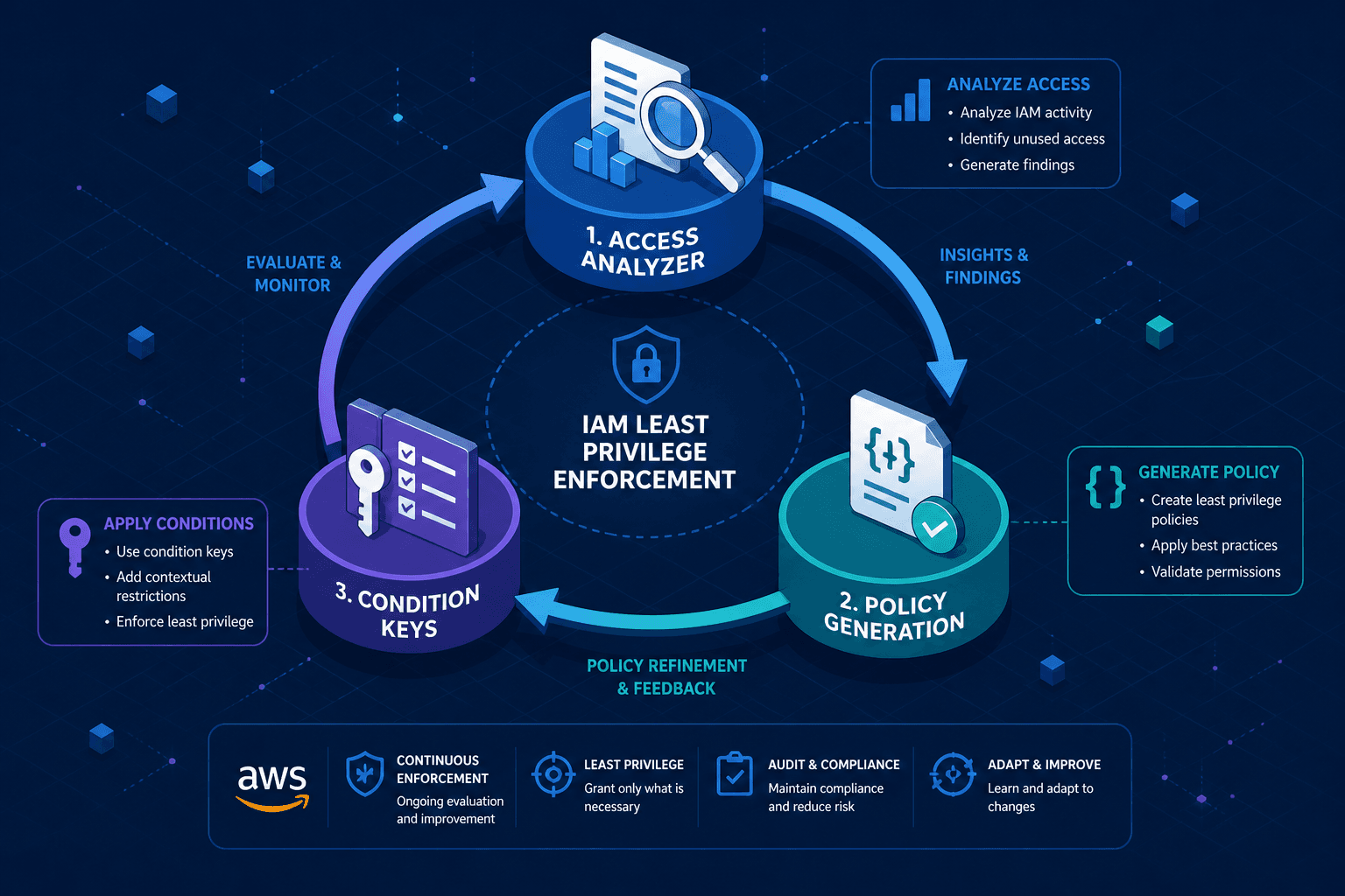 Diagram illustrating the continuous loop of IAM least privilege enforcement.