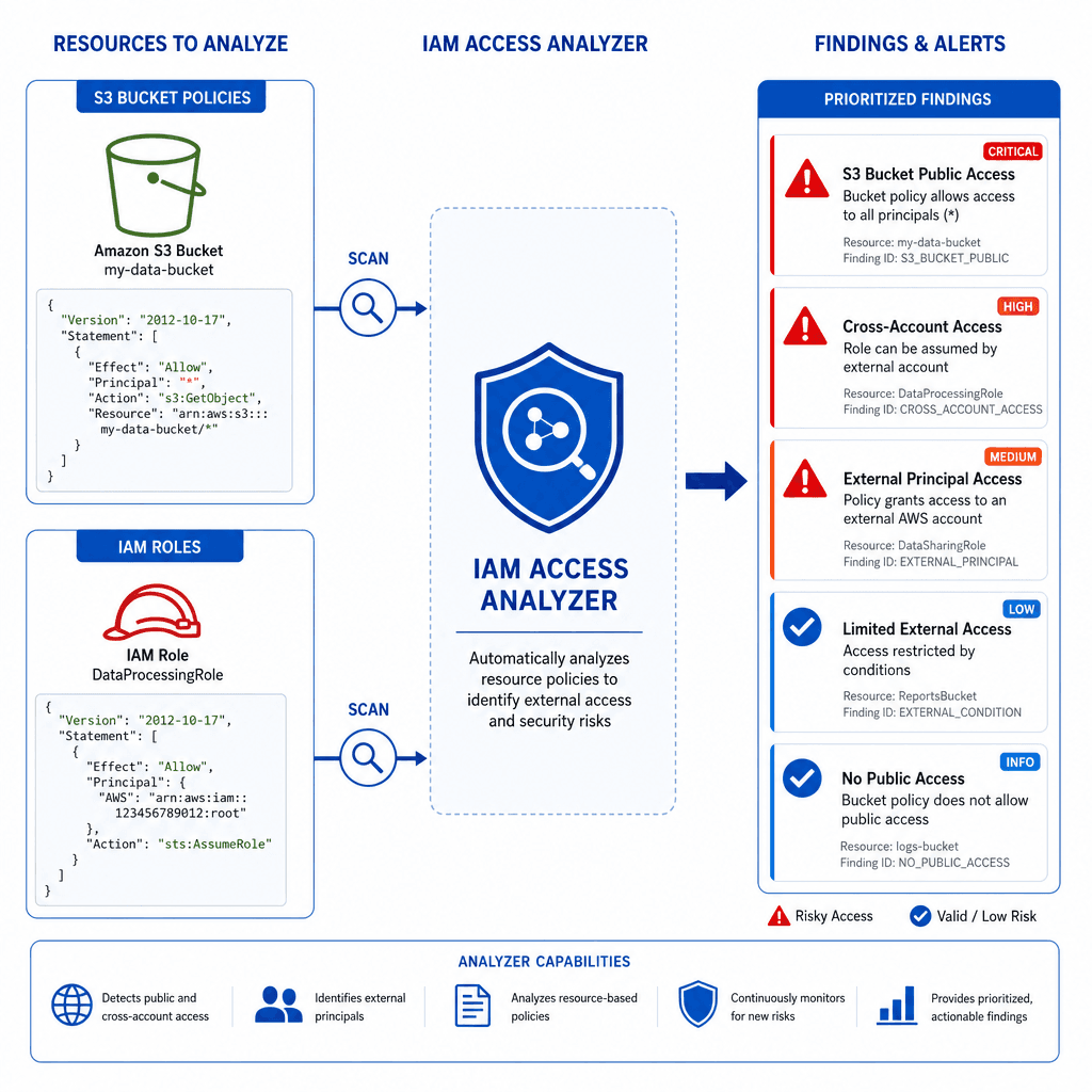 Technical diagram showing IAM Access Analyzer scanning S3 bucket policies and IAM roles, highlighting external principal access and generating a prioritized alert list. Style : clean, architectural, blue and white palette.