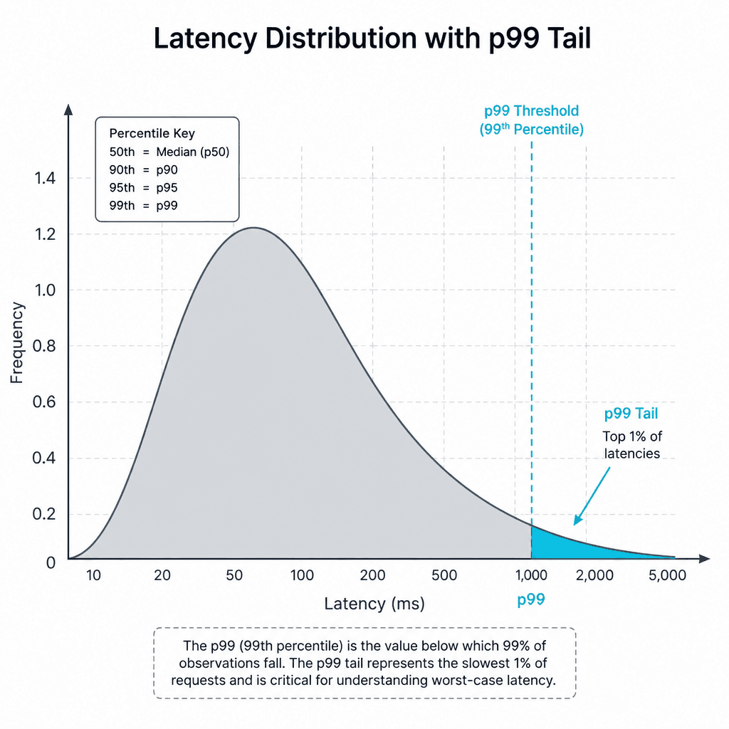 Technical line-art diagram illustrating the concept of percentile distribution, specifically highlighting the p99 tail of a latency curve.