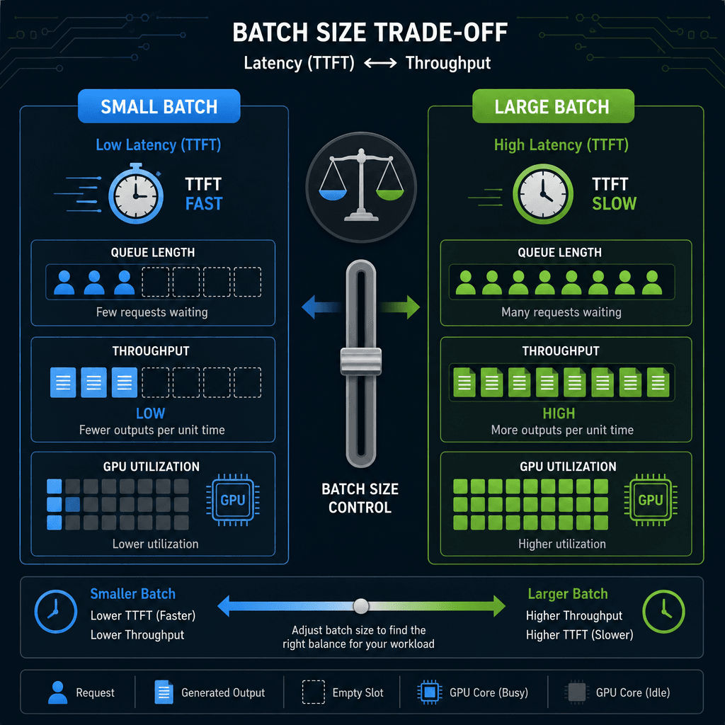 Technical comparison diagram showing the trade-off between batch size, TTFT, and throughput, visualized as a balance scale or opposing arrows.