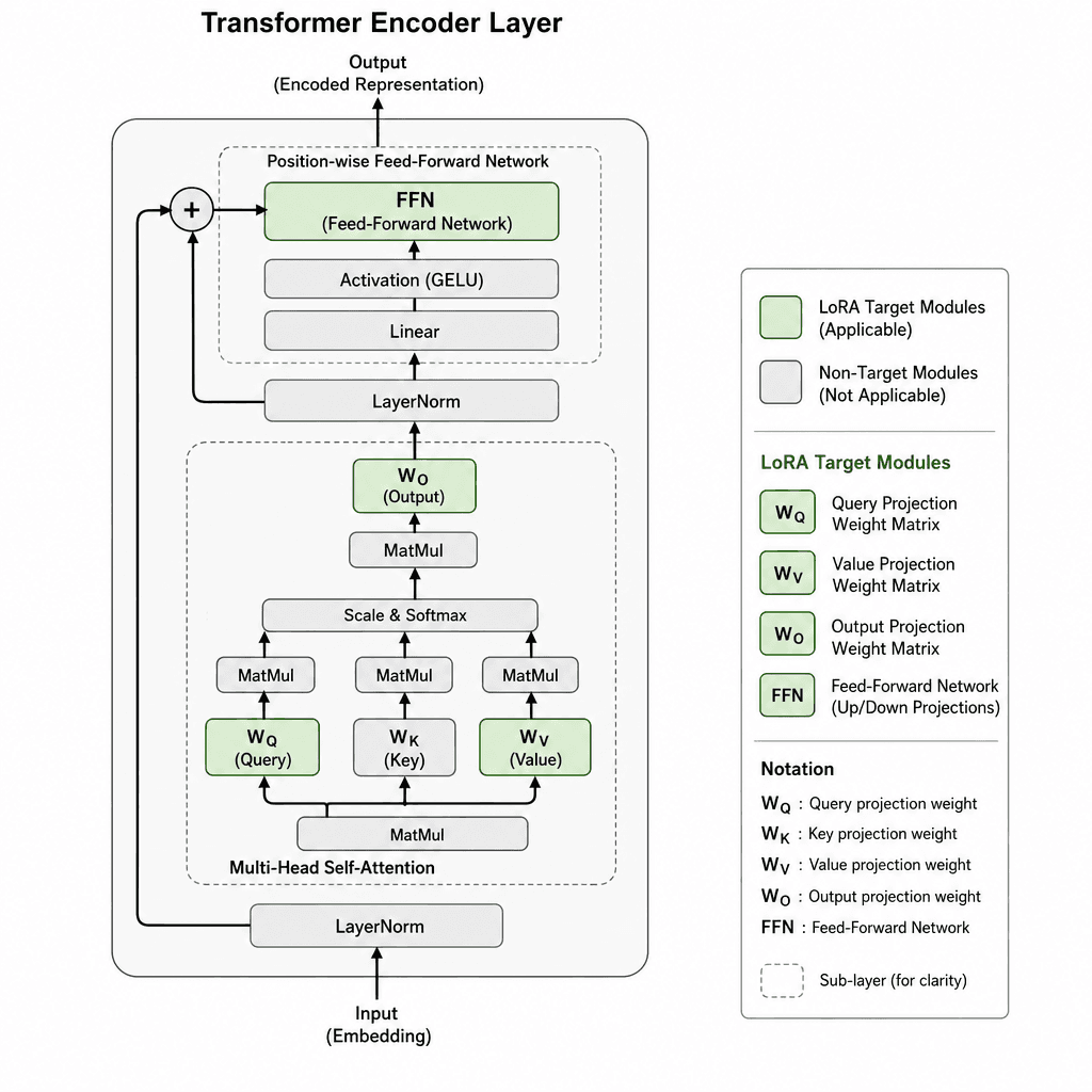 Schematic of a Transformer encoder block highlighting specific layers. Query, Value, Output, and FFN layers are highlighted in green to indicate LoRA applicability. Other layers are grayed out. Labels clearly mark W_Q, W_V, W_O, and FFN. Technical, clean illustration style.