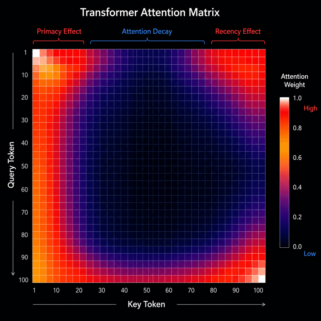 Technical diagram showing a Transformer attention matrix. The top row shows high attention weights (bright red) at the start and end of the sequence, with a dark blue valley in the middle representing lost attention. Labels : Primacy Effect, Recency Effect, Attention Decay. Mi…