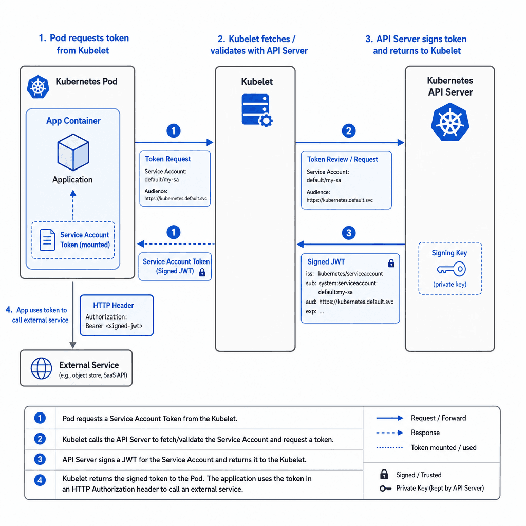 Technical diagram contrasting human identity workflow (MFA, revocation) with machine identity workflow (static tokens, no MFA). Style : clean, architectural, blue and grey palette, minimal text.