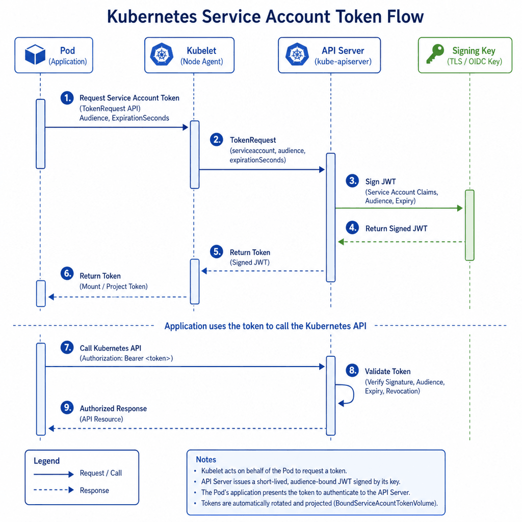 Sequence diagram showing Kubernetes Service Account Token flow : Pod requests token from kubelet, API server signs token, application uses token to call API. Style : technical sequence diagram, clear labels, blue and green palette.