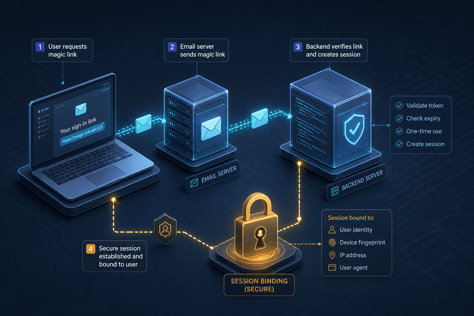 Diagram illustrating the magic link authentication flow and session binding mechanism.