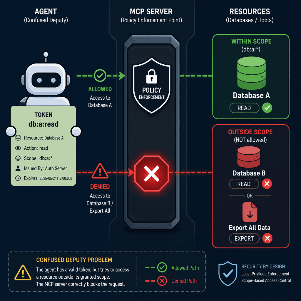 A conceptual diagram illustrating the confused deputy problem in MCP, showing an Agent with limited scope attempting to access a restricted resource, blocked by the server.