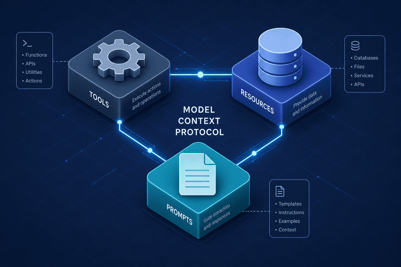 Diagram showing the three primitives of the Model Context Protocol: Tools, Resources, and Prompts.