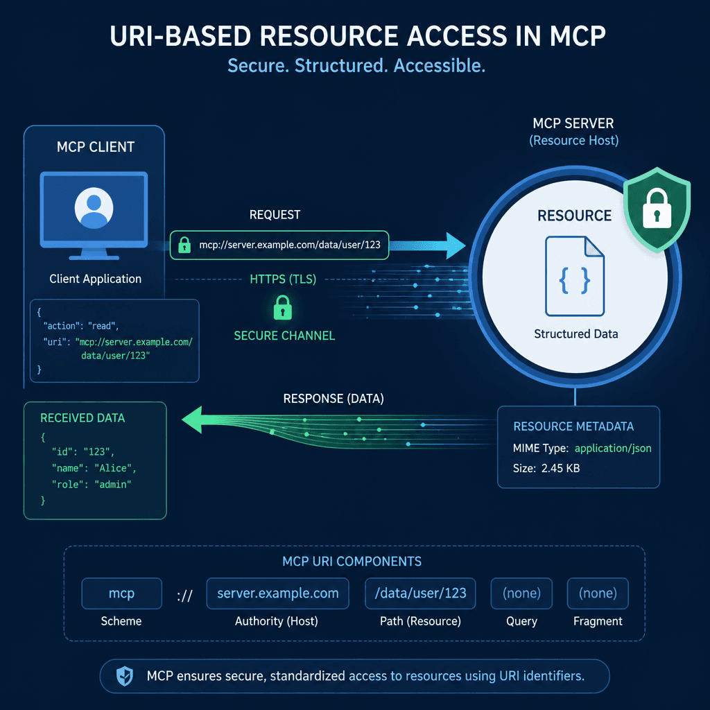 A visual representation of a URI-based resource access in MCP, showing a client fetching data from a server via a specific URI path, with a lock icon indicating security.