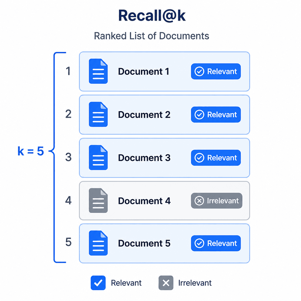 A schematic diagram showing a ranked list of documents where relevant items are highlighted, illustrating the concept of Recall@k with a threshold line at k=5.