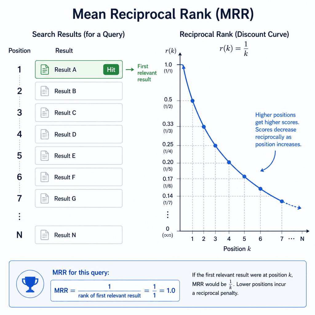 A visual representation of Mean Reciprocal Rank (MRR) showing a search result list where the first relevant item is at position 1, with a discount curve illustrating the penalty for lower positions.